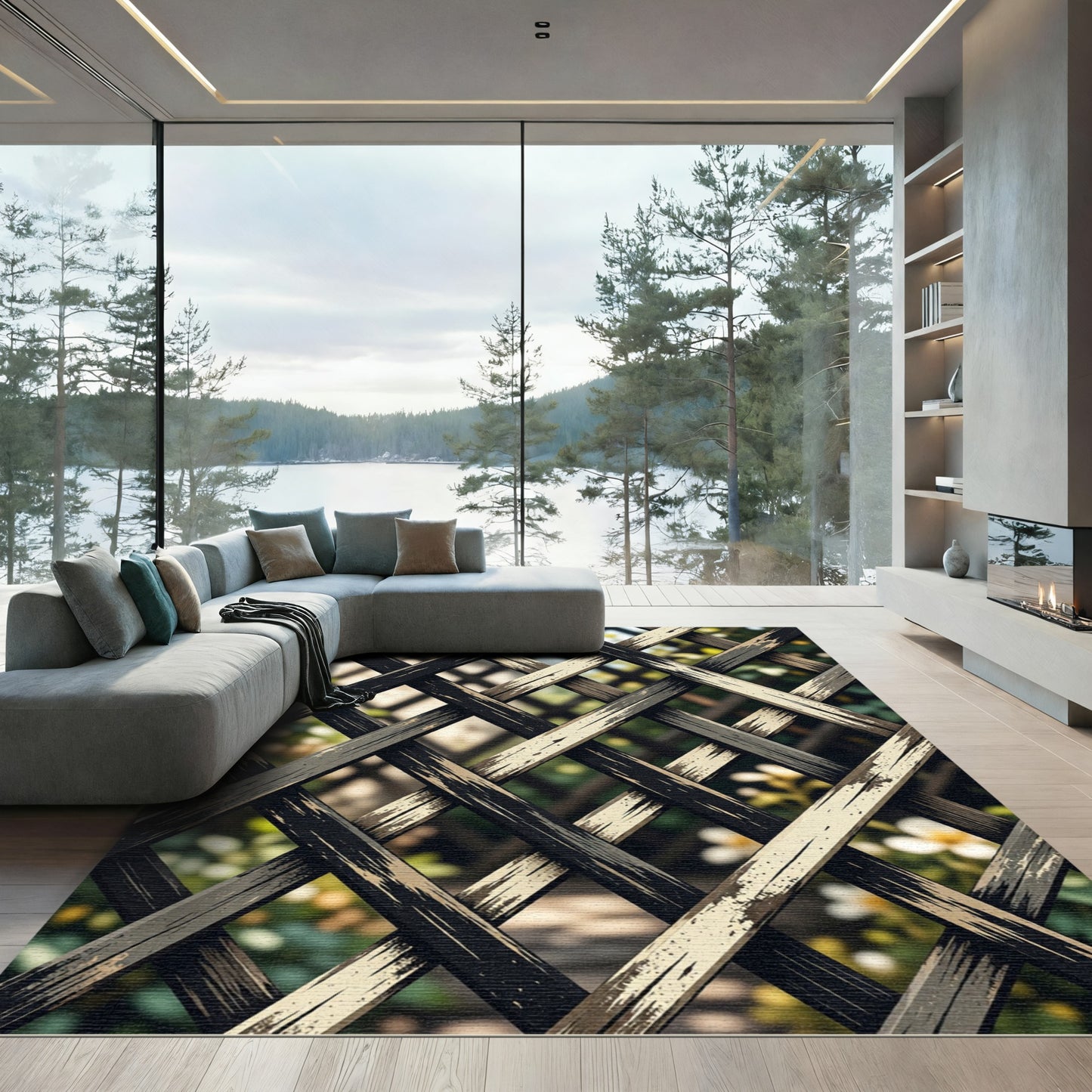 Monochrome Geometric Lattice Grid Rug
