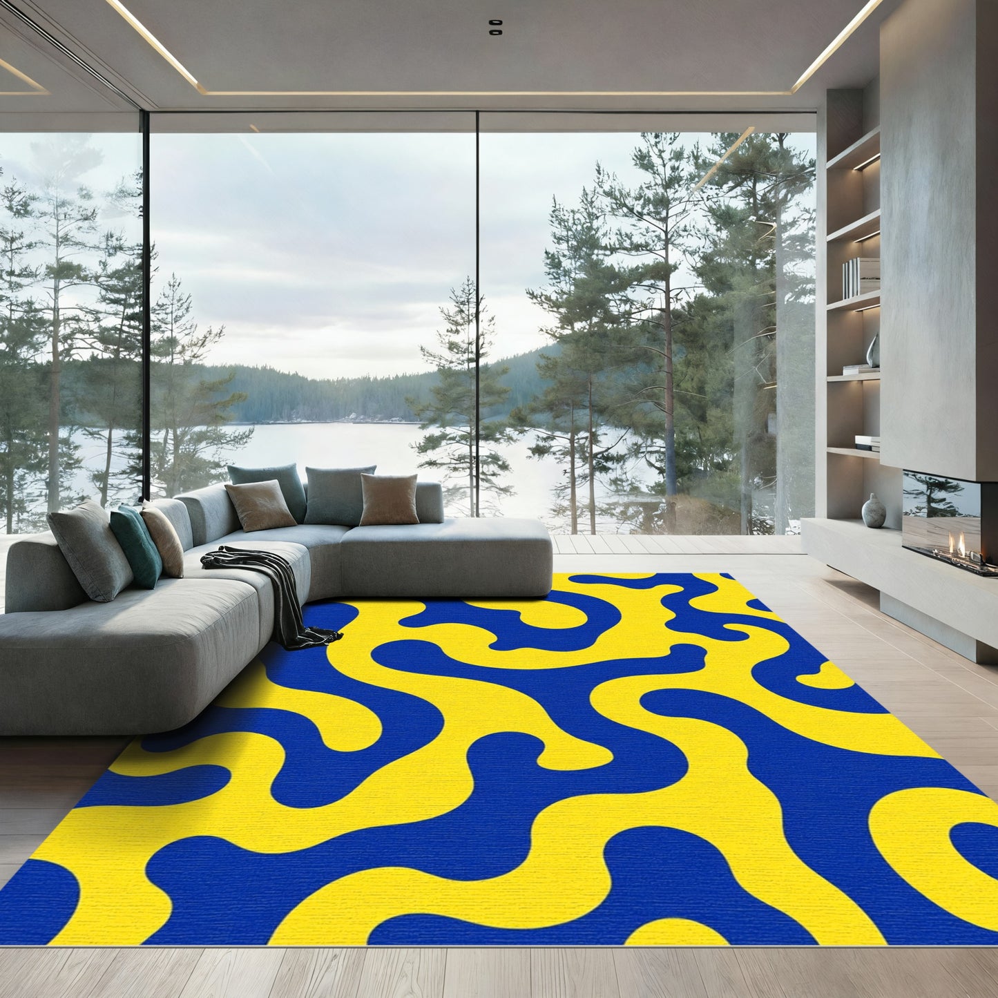 Bold Yellow Blue Amoeba Flow Rug