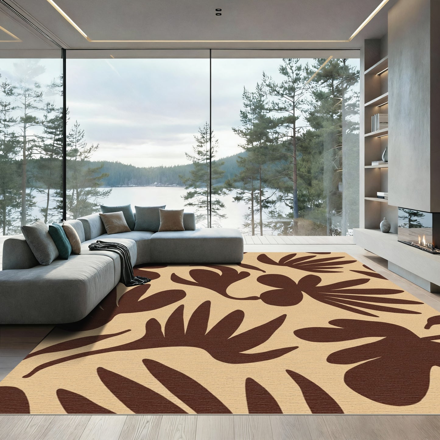 Rich Brown Abstract Floral Forms Rug