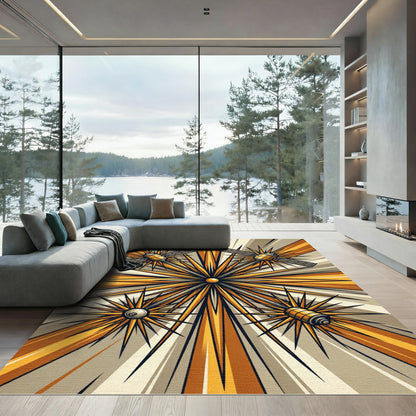 Golden Celestial Satellite Geometric Art Rug