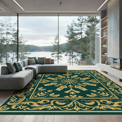 Ornate Teal and Gold Floral Border Rug