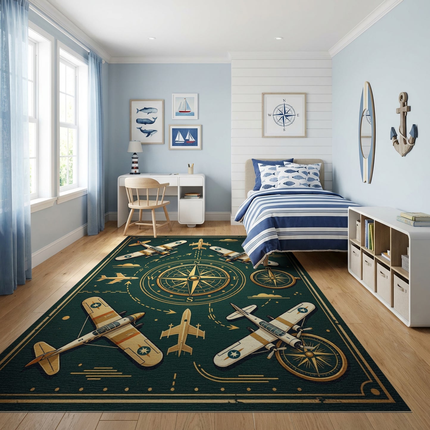 Vintage Gold Airplane Compass Rug