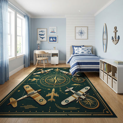 Vintage Gold Airplane Compass Rug