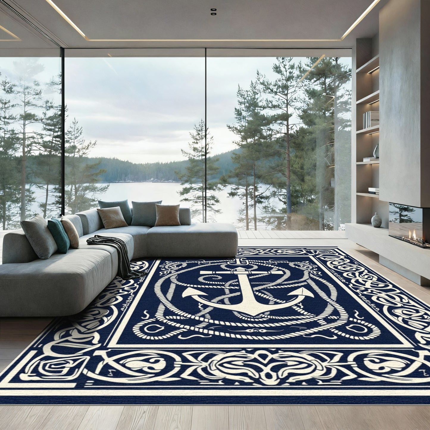 Navy Cream Nautical Anchor Nautical Frame Rug