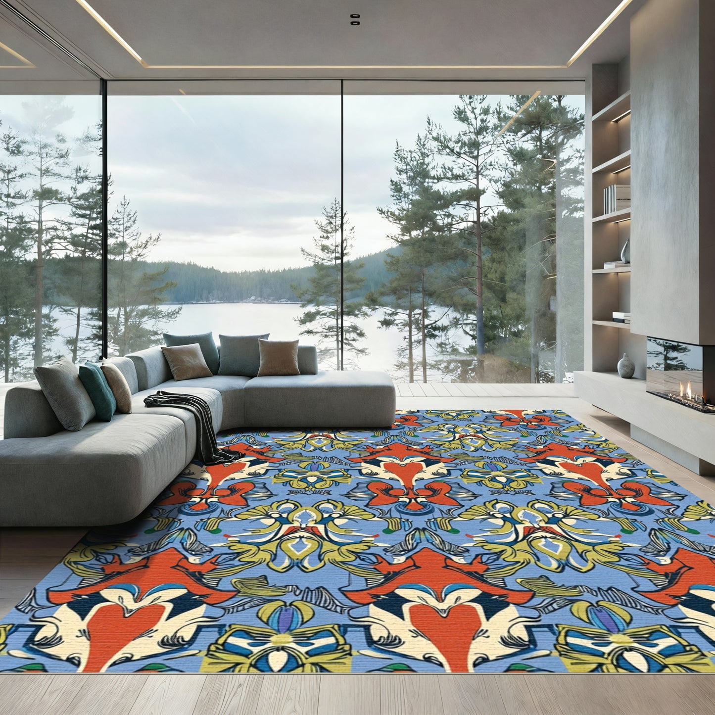 Bold Cream Orange Blue Ornamental Rug