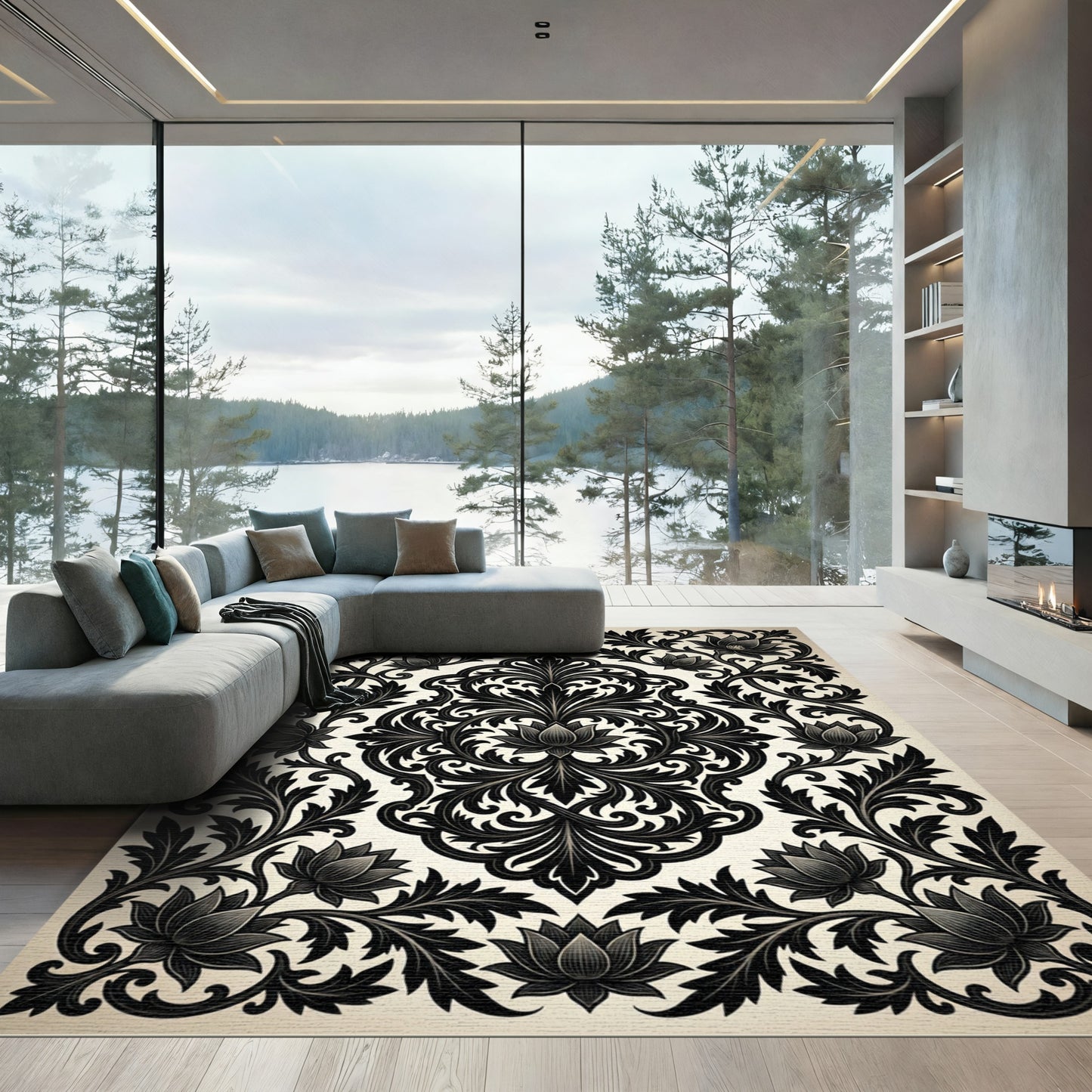 Elegant Black Floral Damask Charcoal Scroll Rug