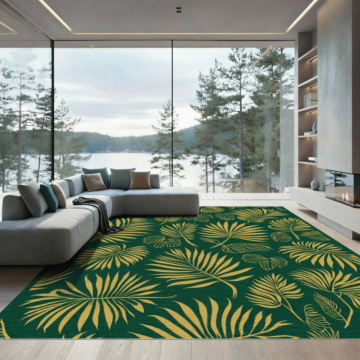 Gold Palm Frond Tropical Leaf Rug