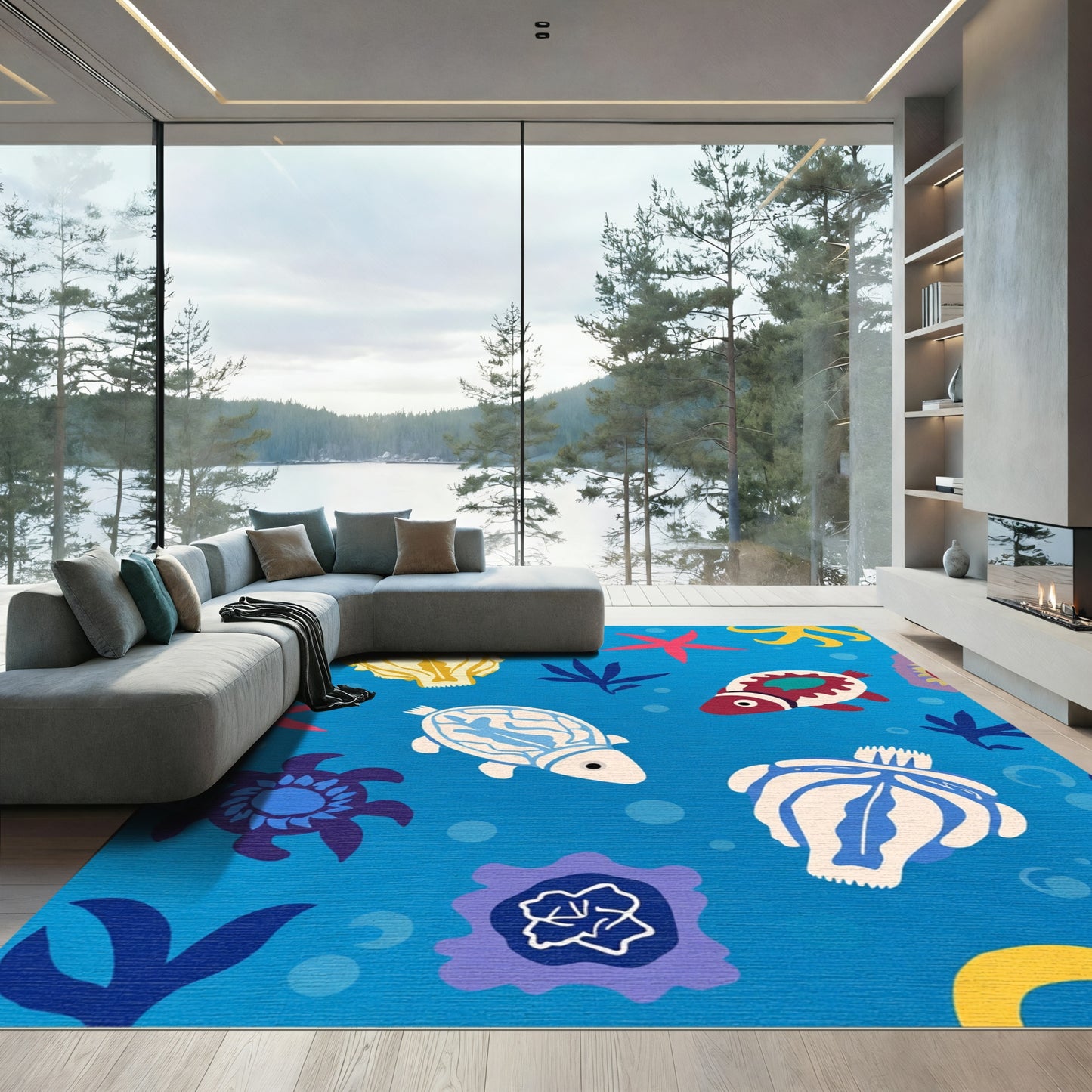Whimsical Ocean Creatures Blue Aquatic Rug