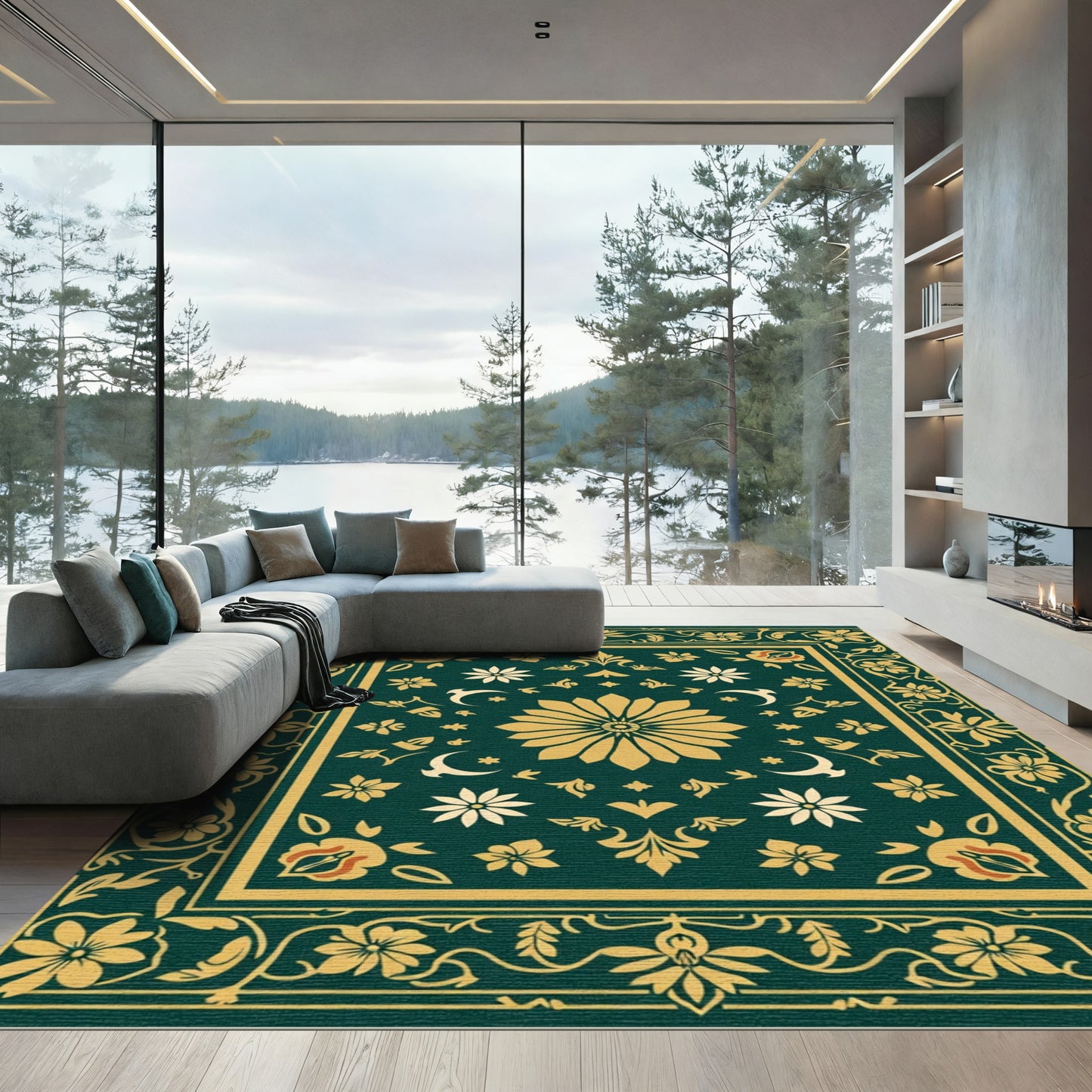 Regal Emerald Golden Floral Border Rug