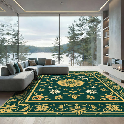 Regal Emerald Golden Floral Border Rug