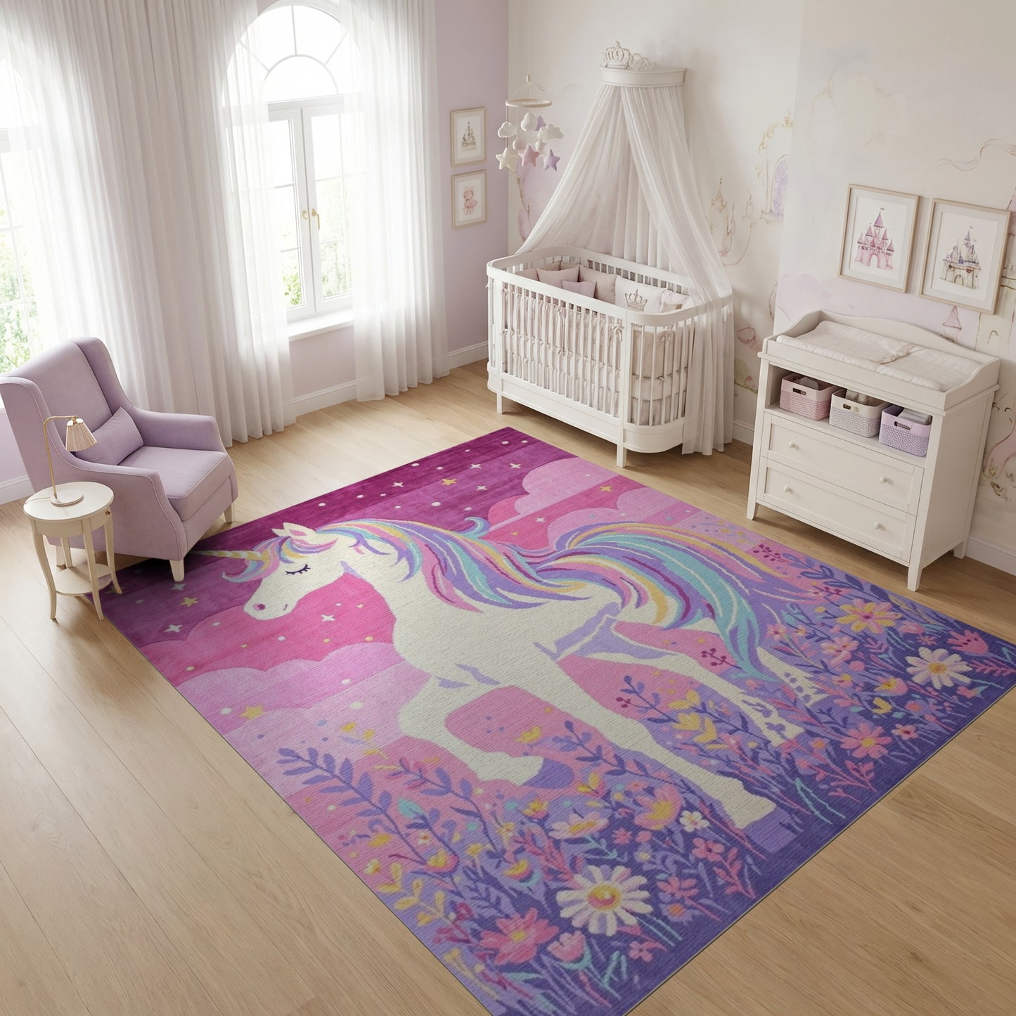 Whimsical Purple Unicorn Rainbow Stars Rug