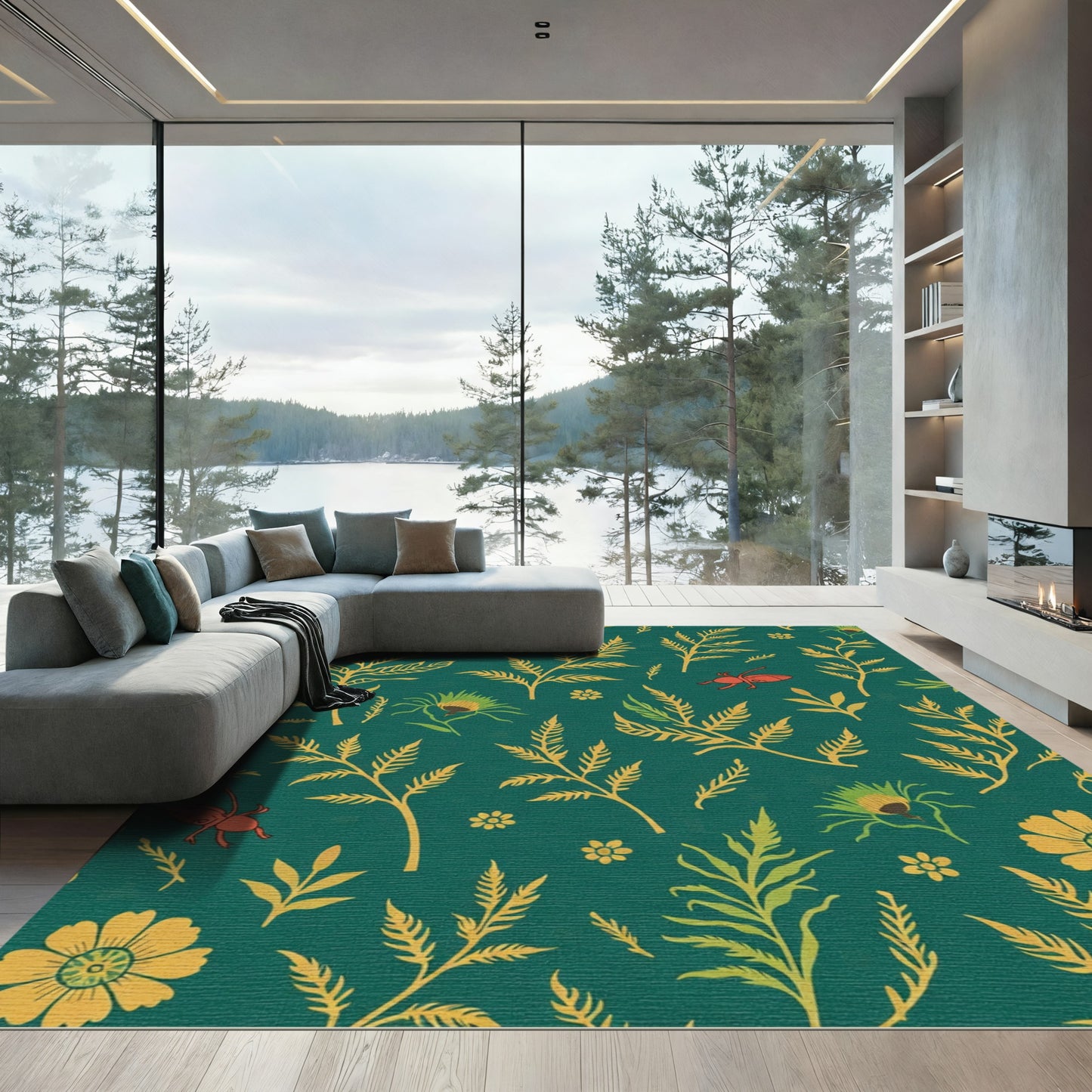 Deep Teal Botanical Insect Flora Rug