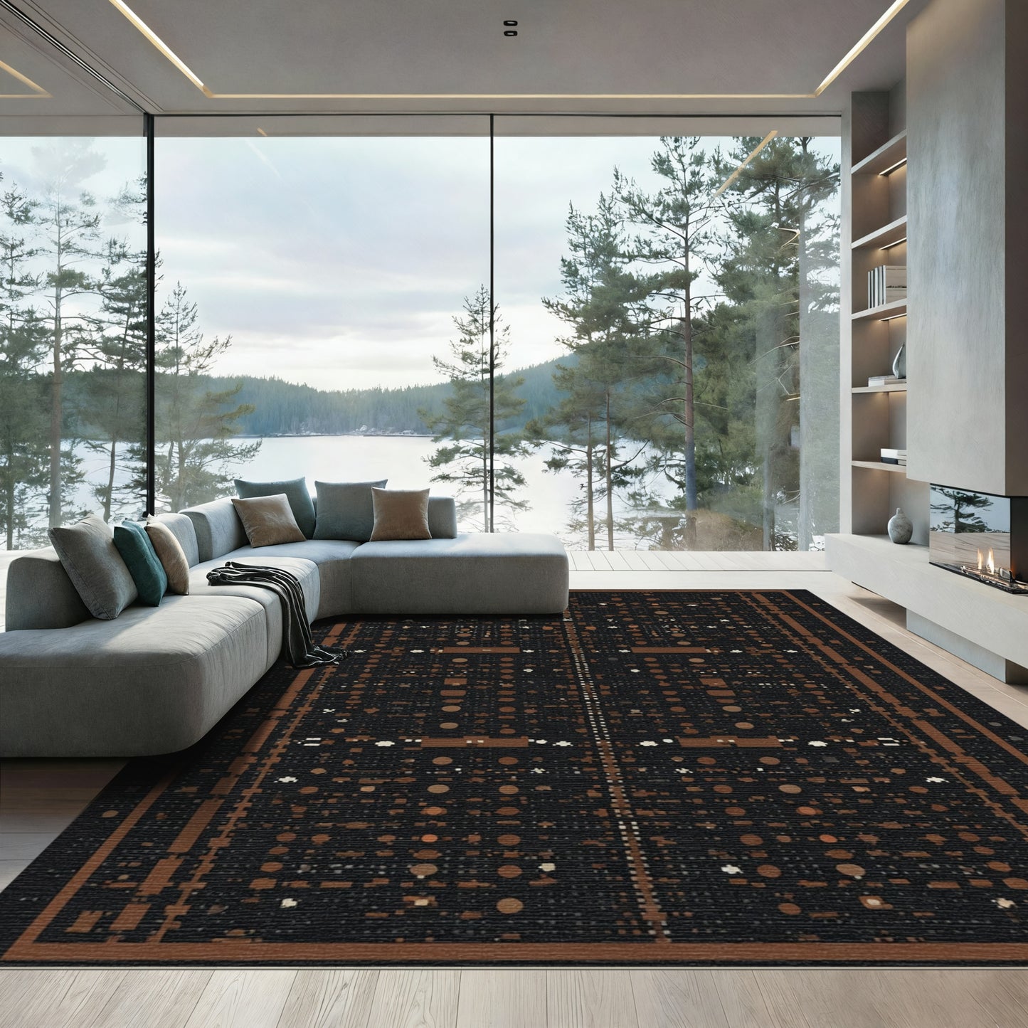 Dark Sienna Geometric Tiled Square Rug