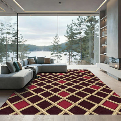 Crimson Lattice Diamond Grid Rug