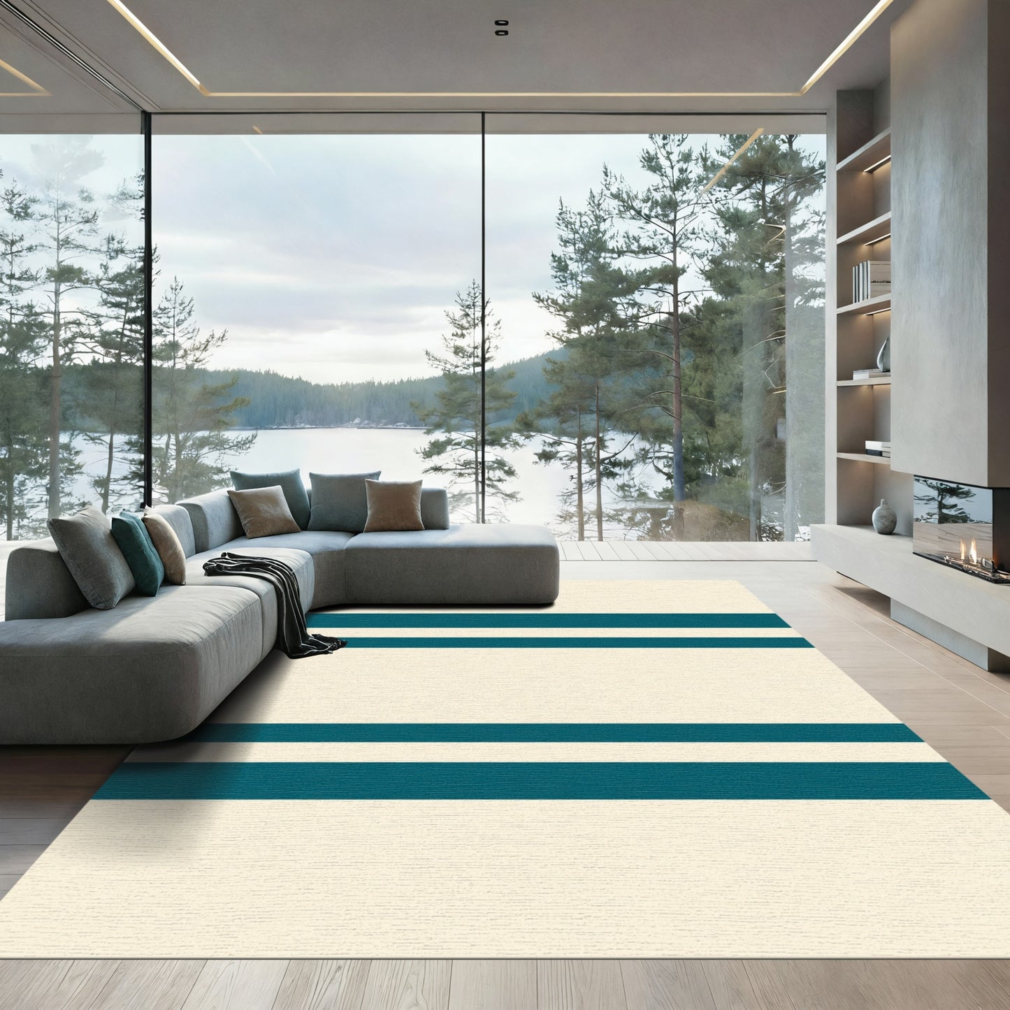 Teal Cream Wide Stripe Accent Rug