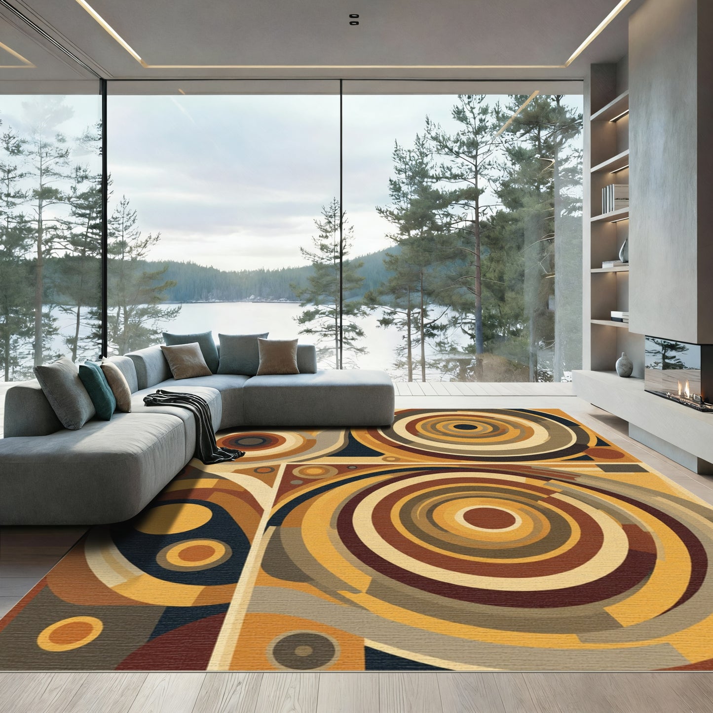 Earthy Ochre Abstract Concentric Circles Rug