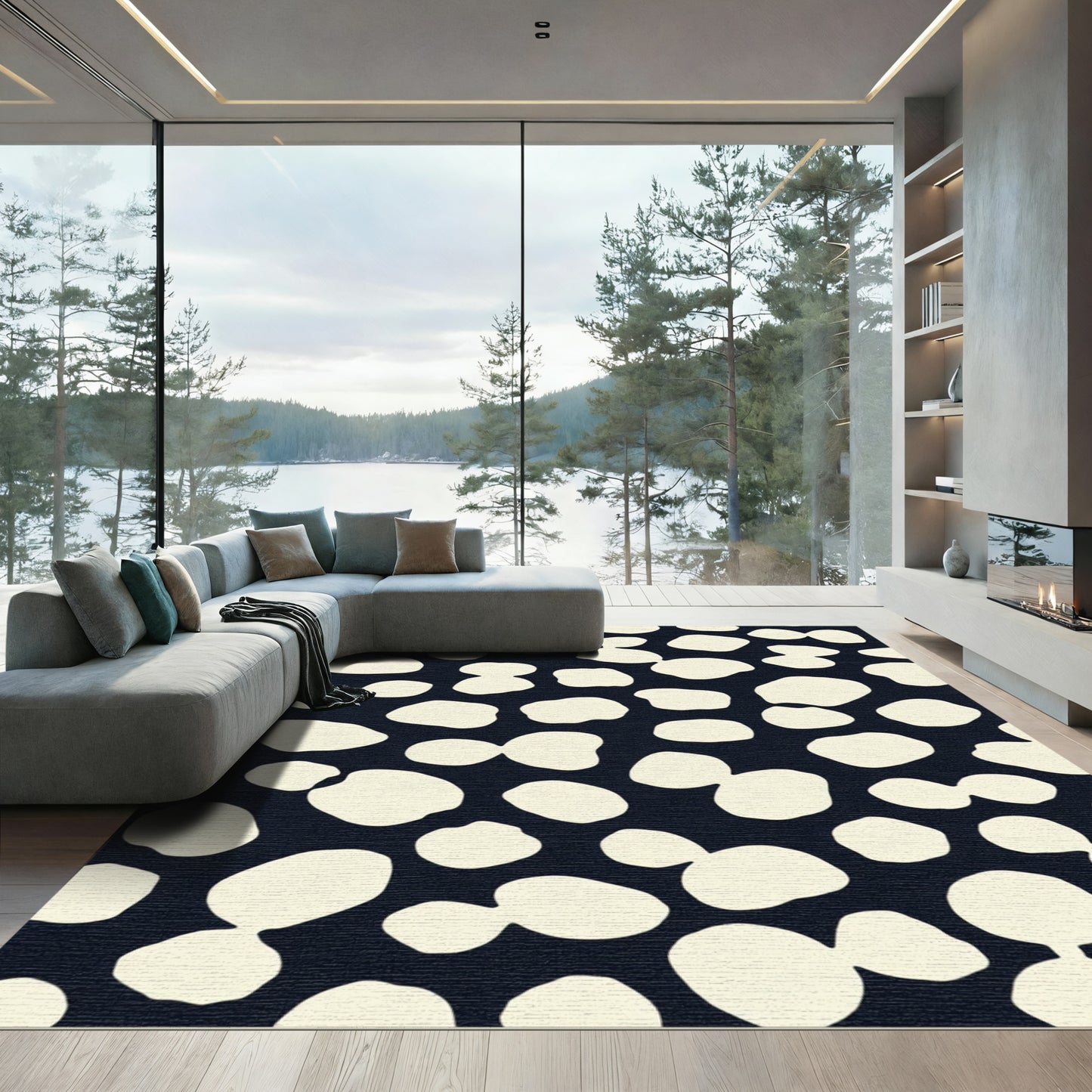 Cream Pebble Dark Navy Abstract Rug