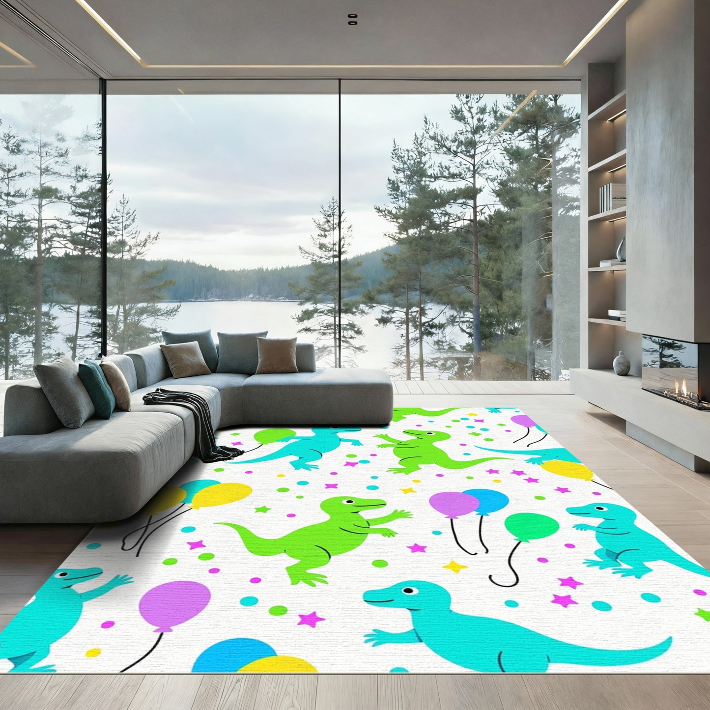 Playful Dinosaur Balloon Confetti Celebration Rug