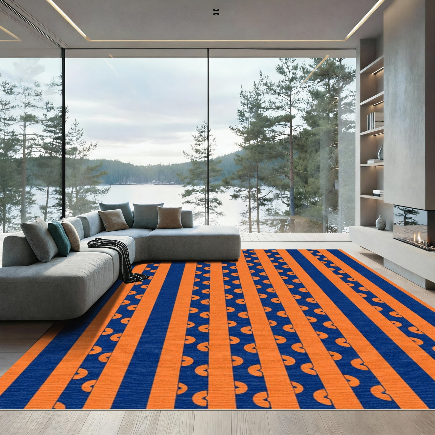 Bold Orange Blue Stripe Crescent Rug