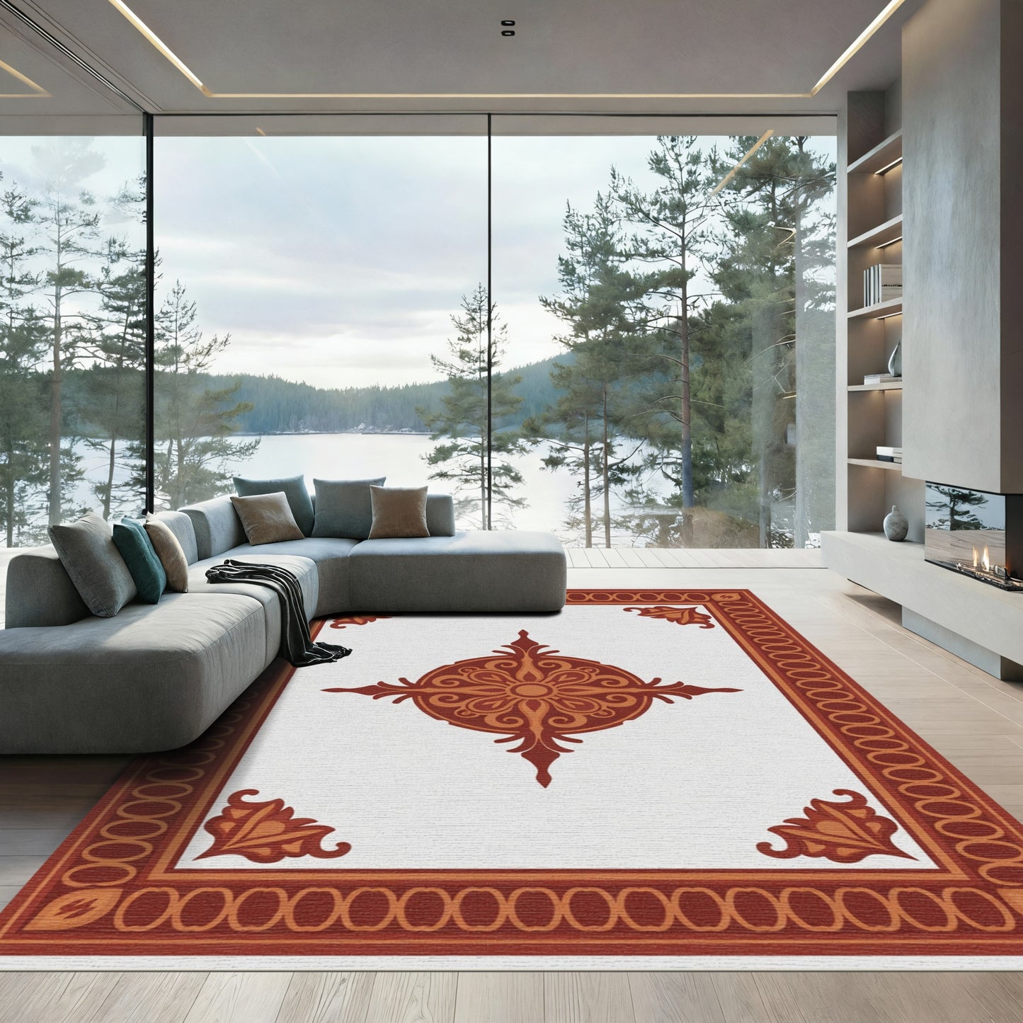 Terracotta Floral Corner Medallion Rug