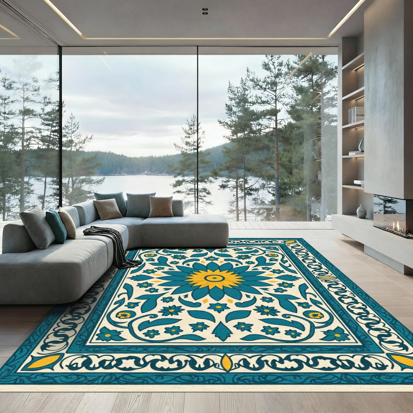 Teal Yellow Floral Medallion Border Rug