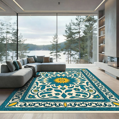 Teal Yellow Floral Medallion Border Rug