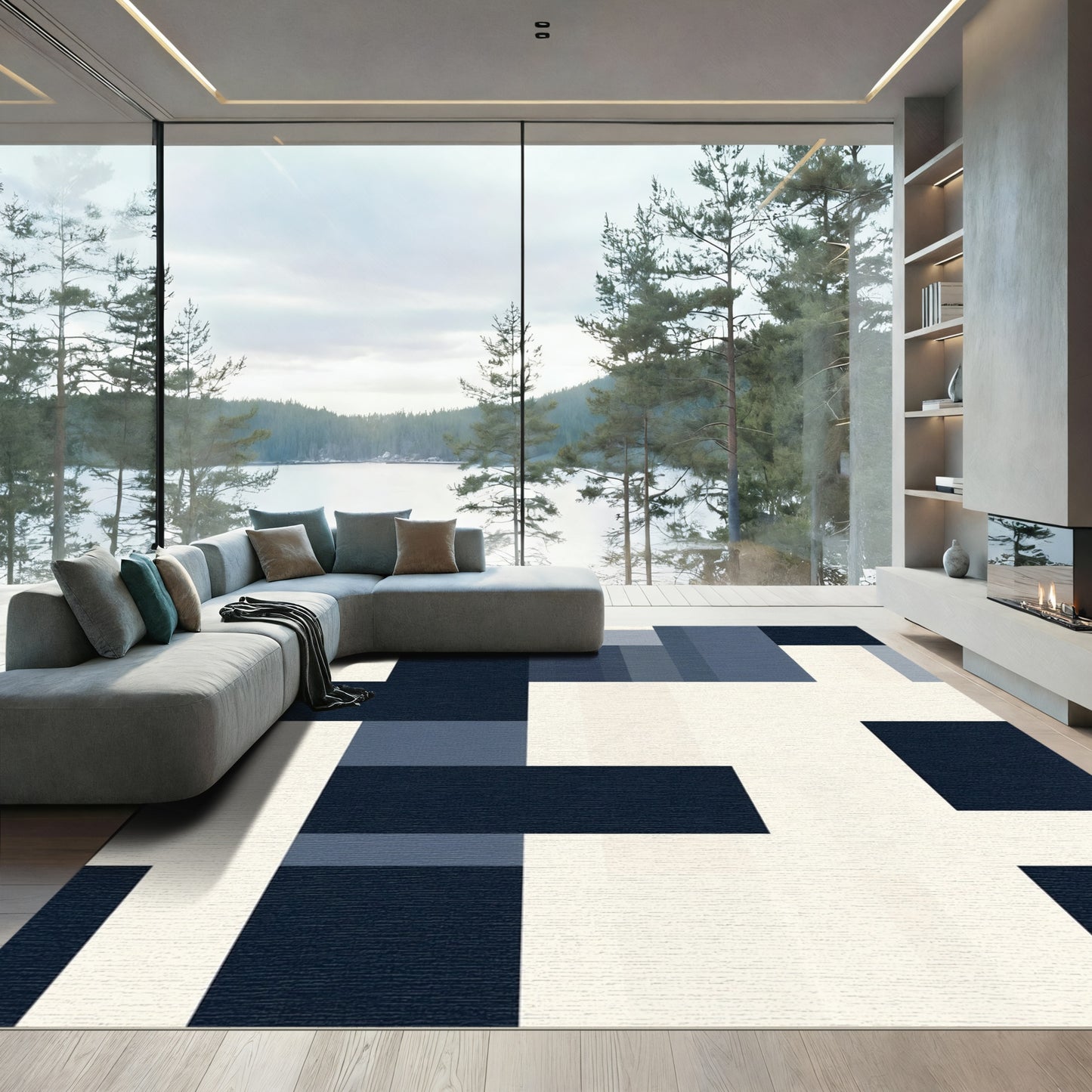Modern Navy Blue Geometric Block Rug