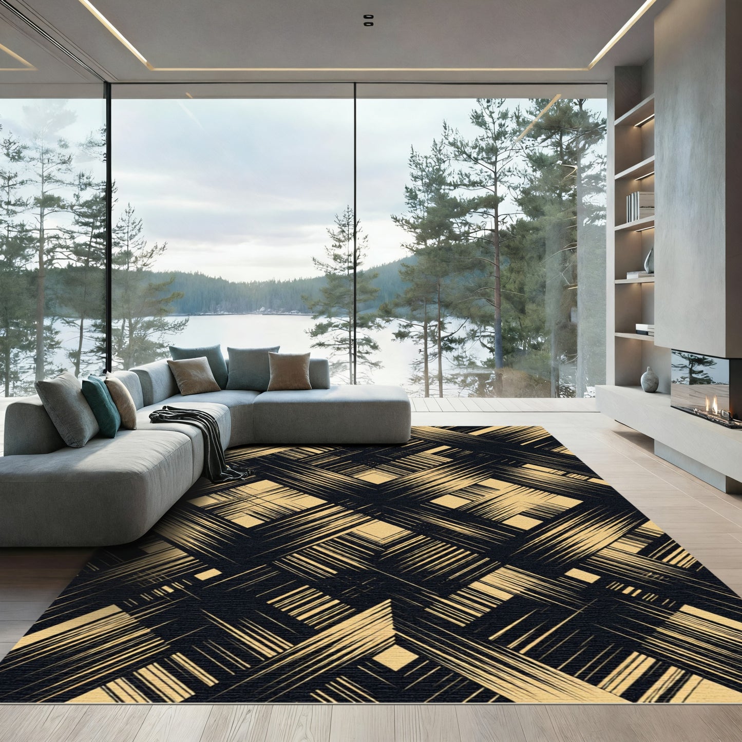 Black and Beige Abstract Geometric Grid Rug
