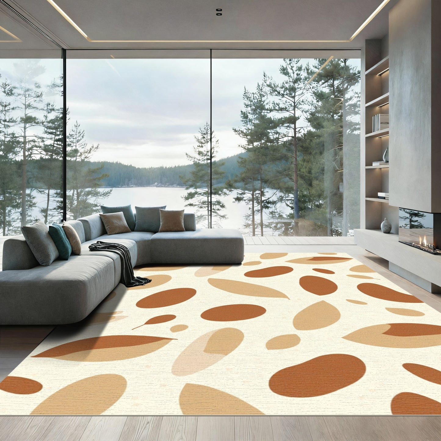 Brown Beige Leaf Abstract Arrangement Rug