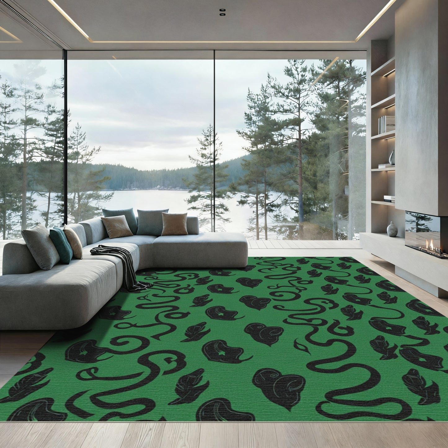 Earthy Green Whimsical Vine Botanical Rug
