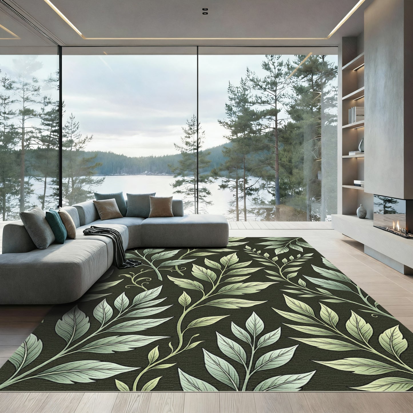 Elegant Sage Botanical Leaf Arrangement Rug