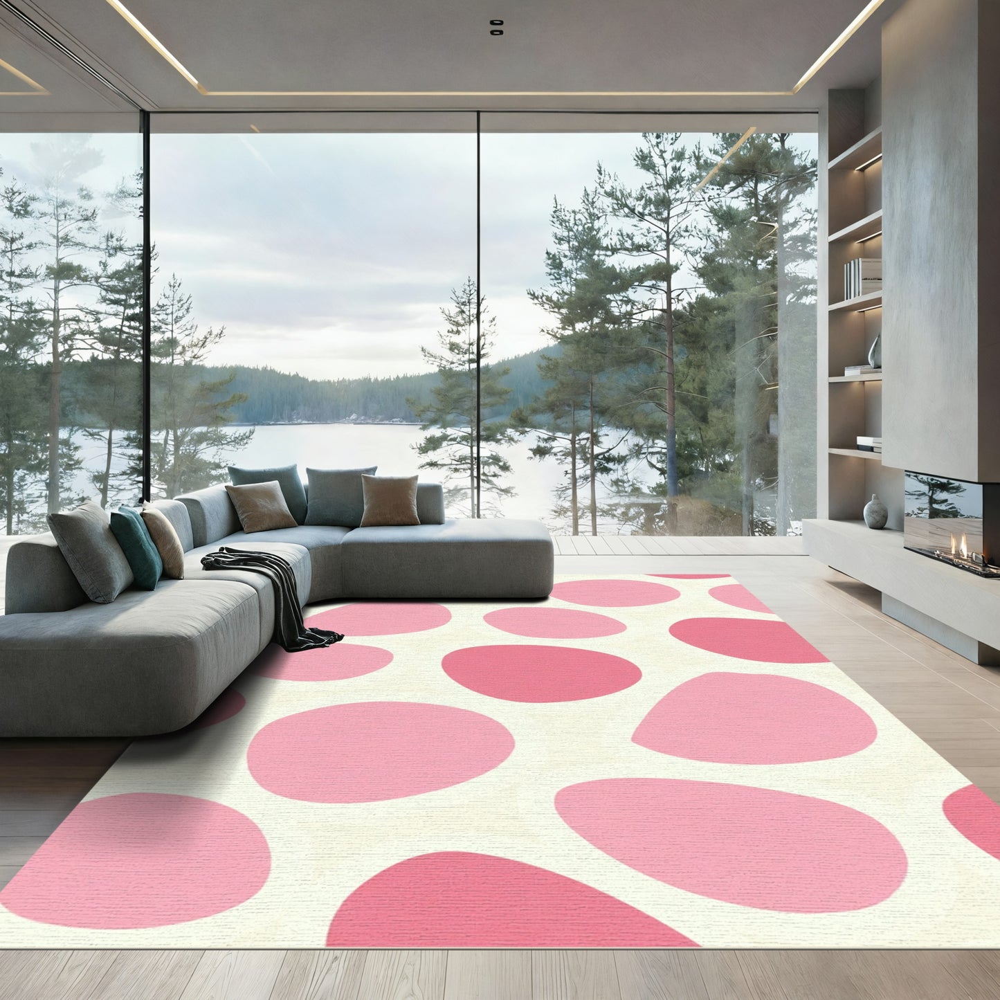 Pink Oval Forms Cream Background Rug