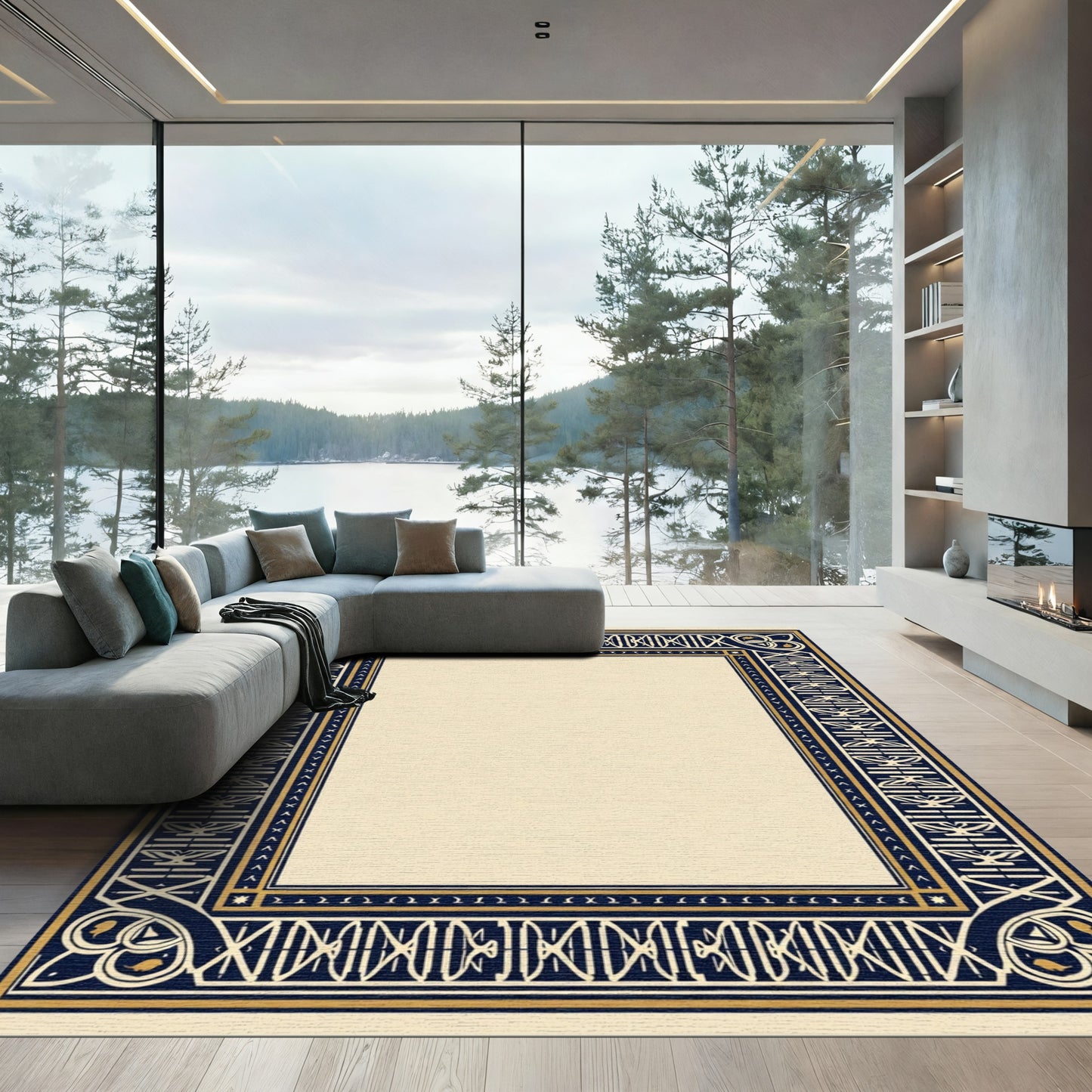 Navy Gold Art Deco Geometric Border Rug