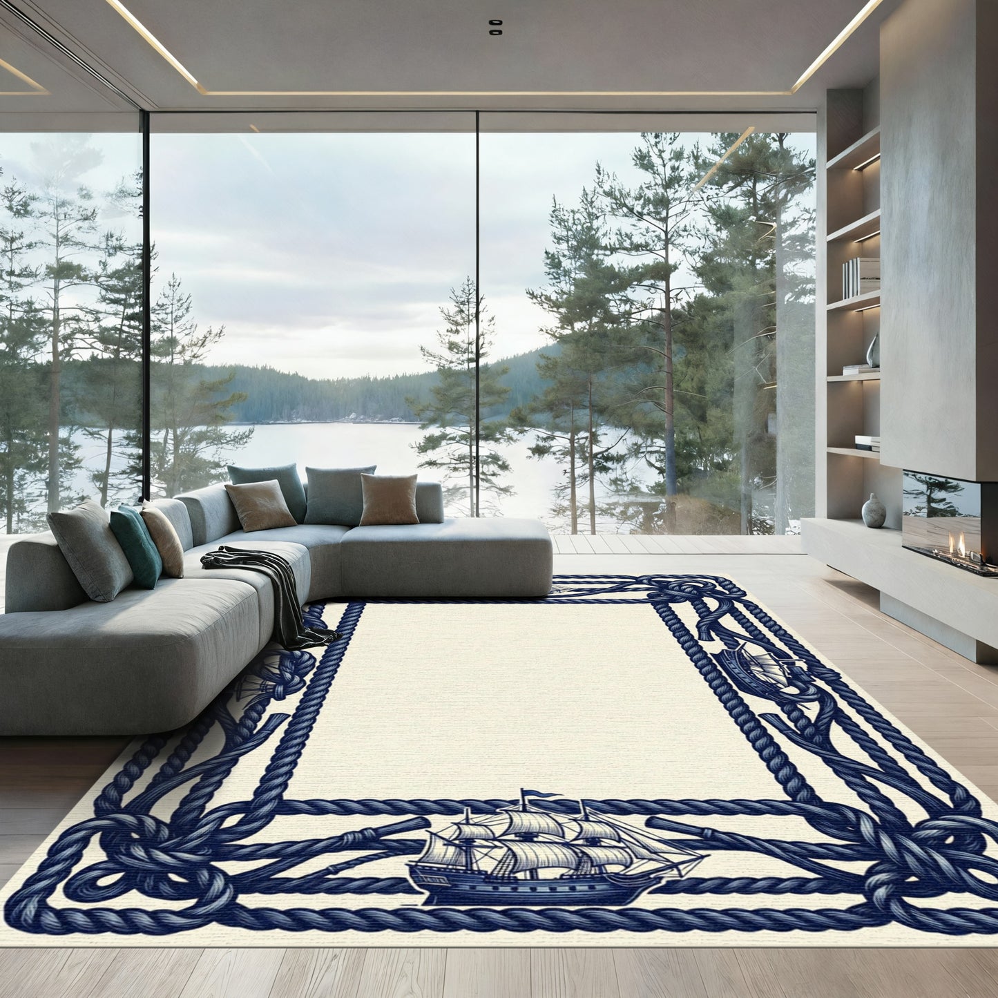 Nautical Navy Shiprope BorderRug Rug