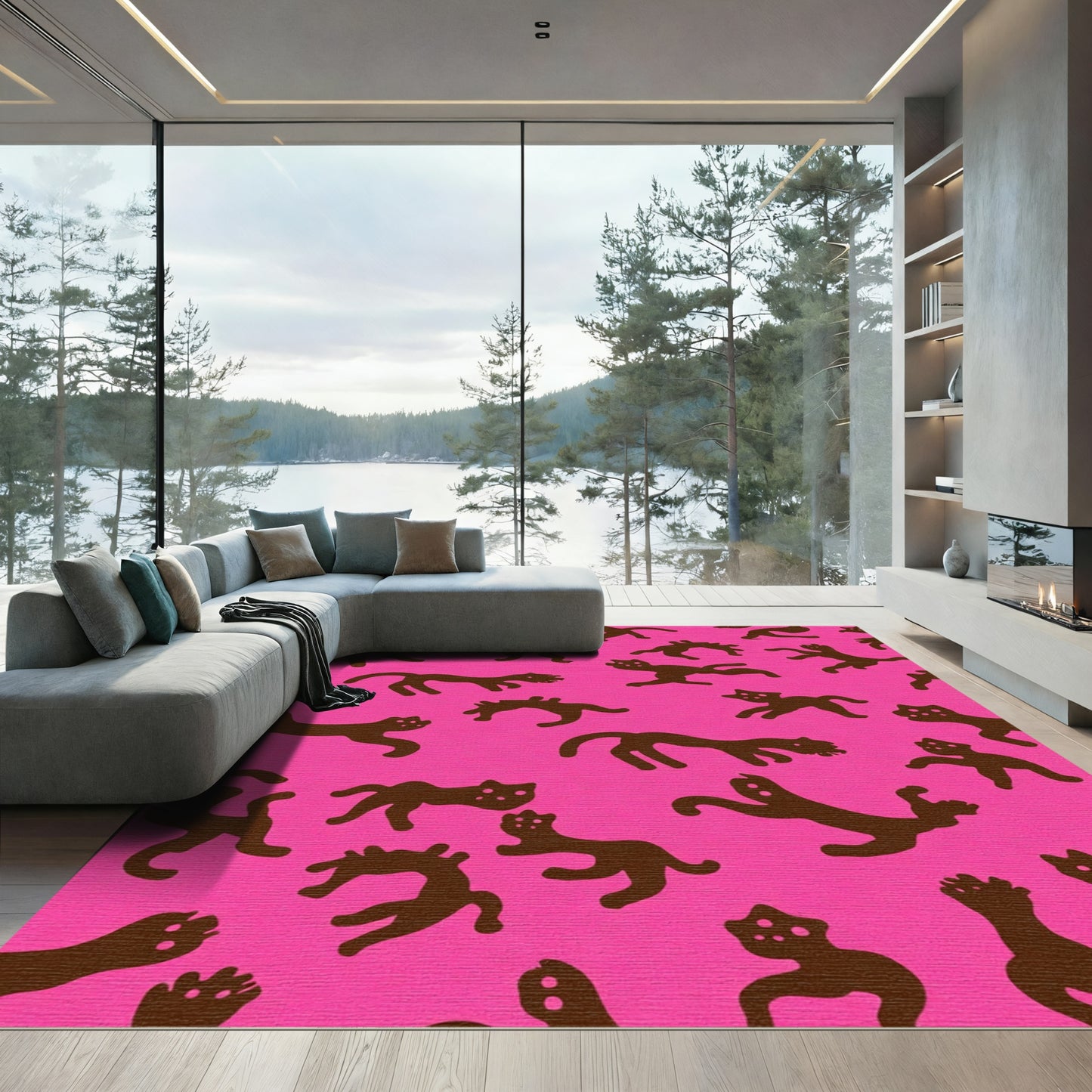 Playful Brown Cats Pink Background Rug