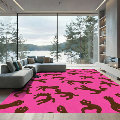Playful Brown Cats Pink Background Rug