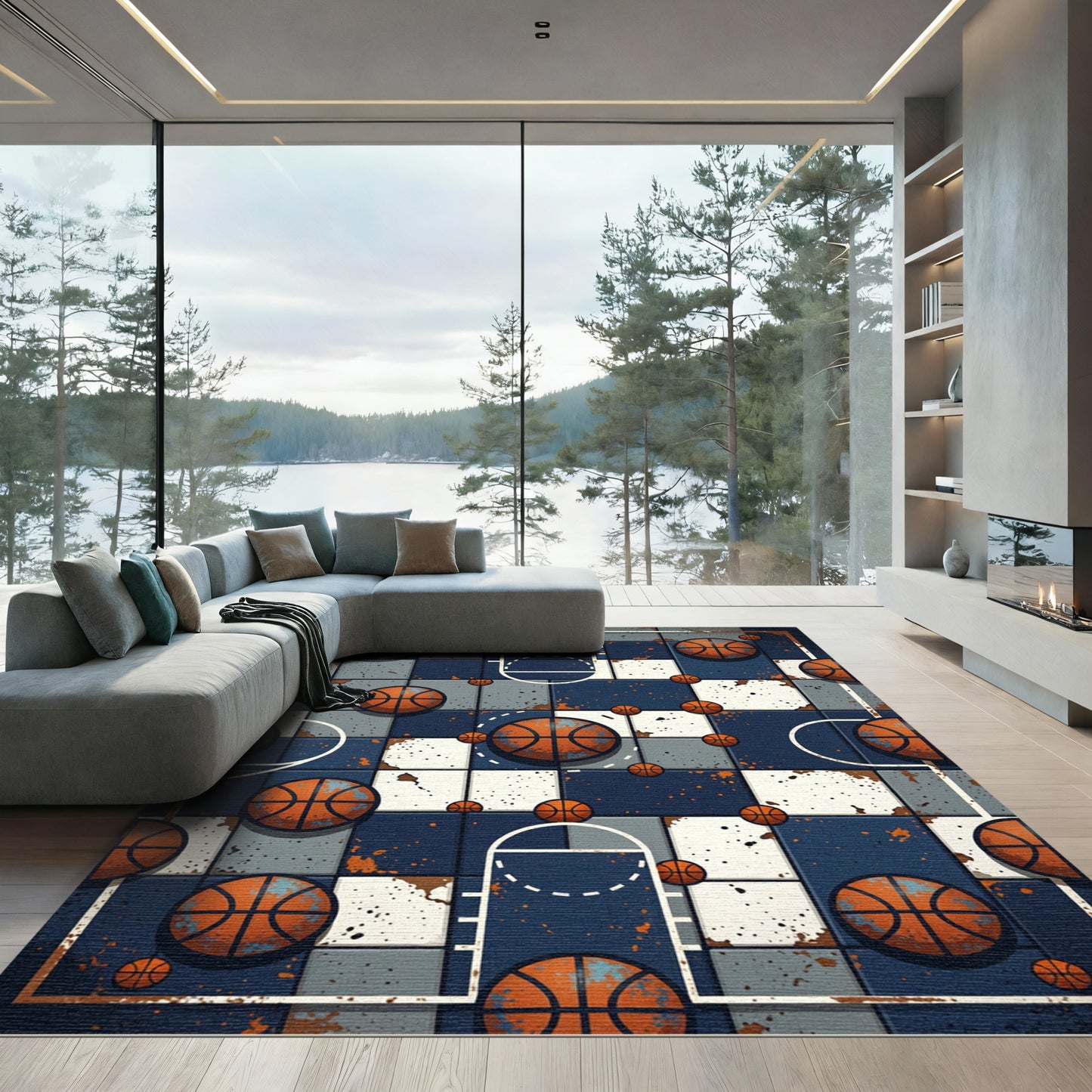 Distressed Blue Basketball Grid Sport Art Rug