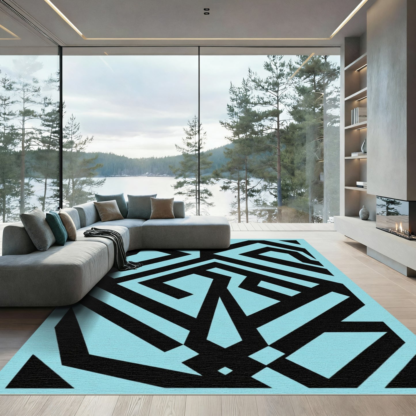 Black Geometric Lines Light Blue Rug