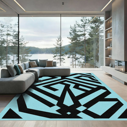 Black Geometric Lines Light Blue Rug