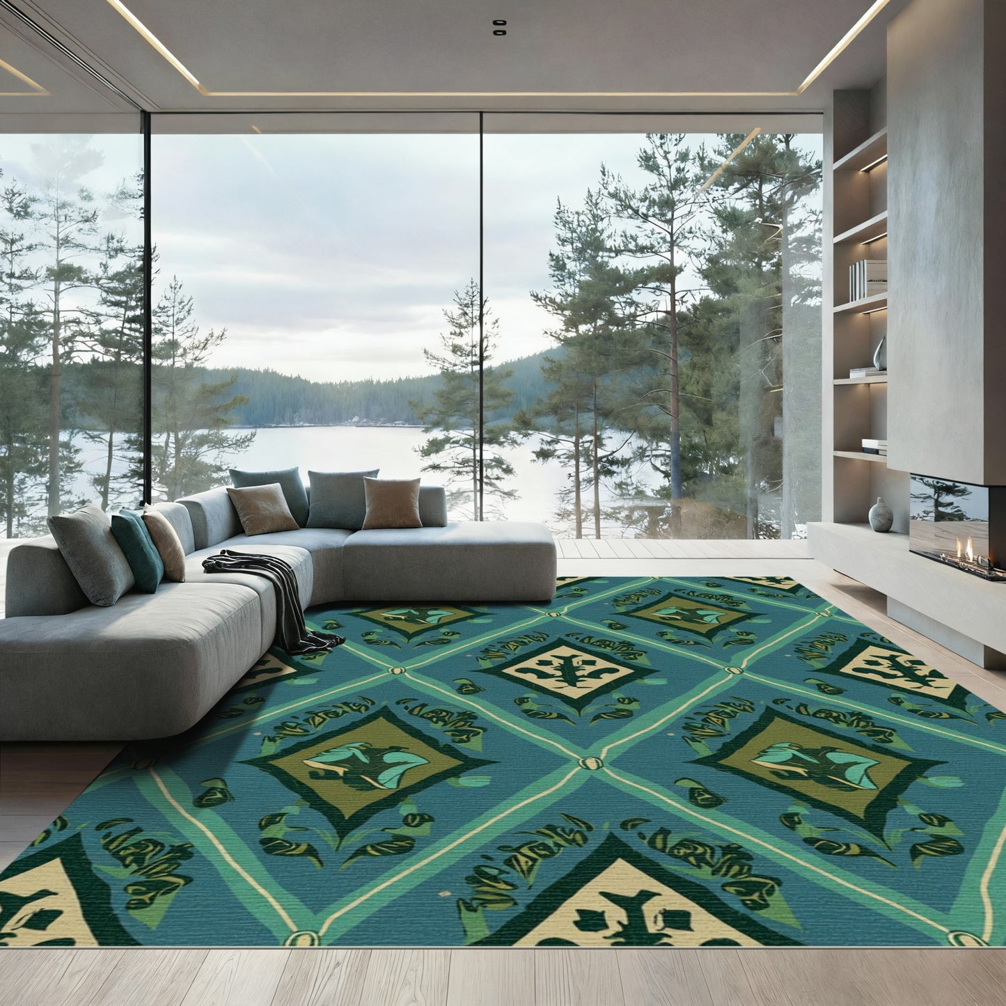 Teal Diamond Medallion Floral Accents Rug