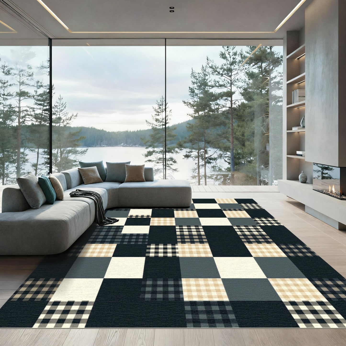 Patchwork Gingham Tan Black Plaid Squares Rug