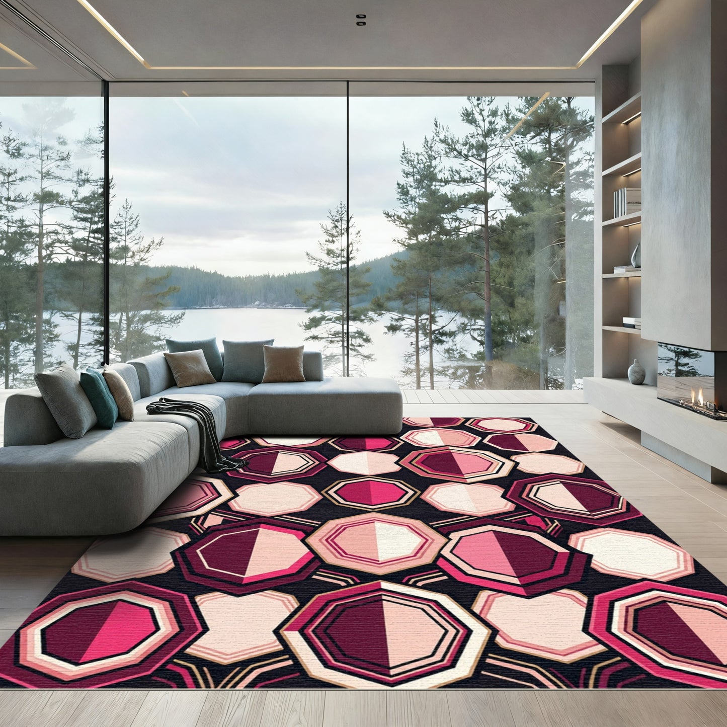 Pink Geometric Octagon Arrangement Rug