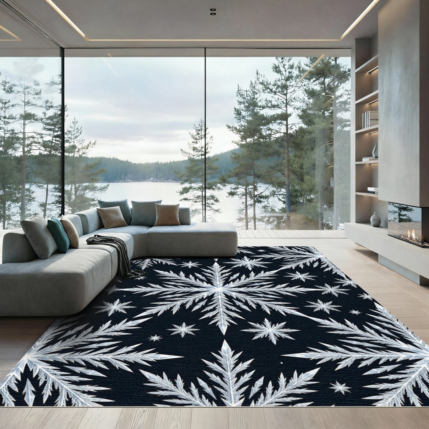 White Snowflake Ice Crystal Pattern Rug