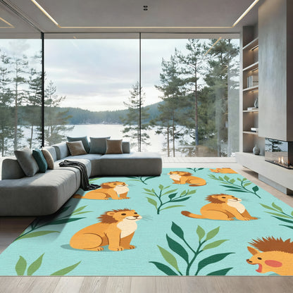 Playful Lion Foliage Seamless Repeating Pattern Rug