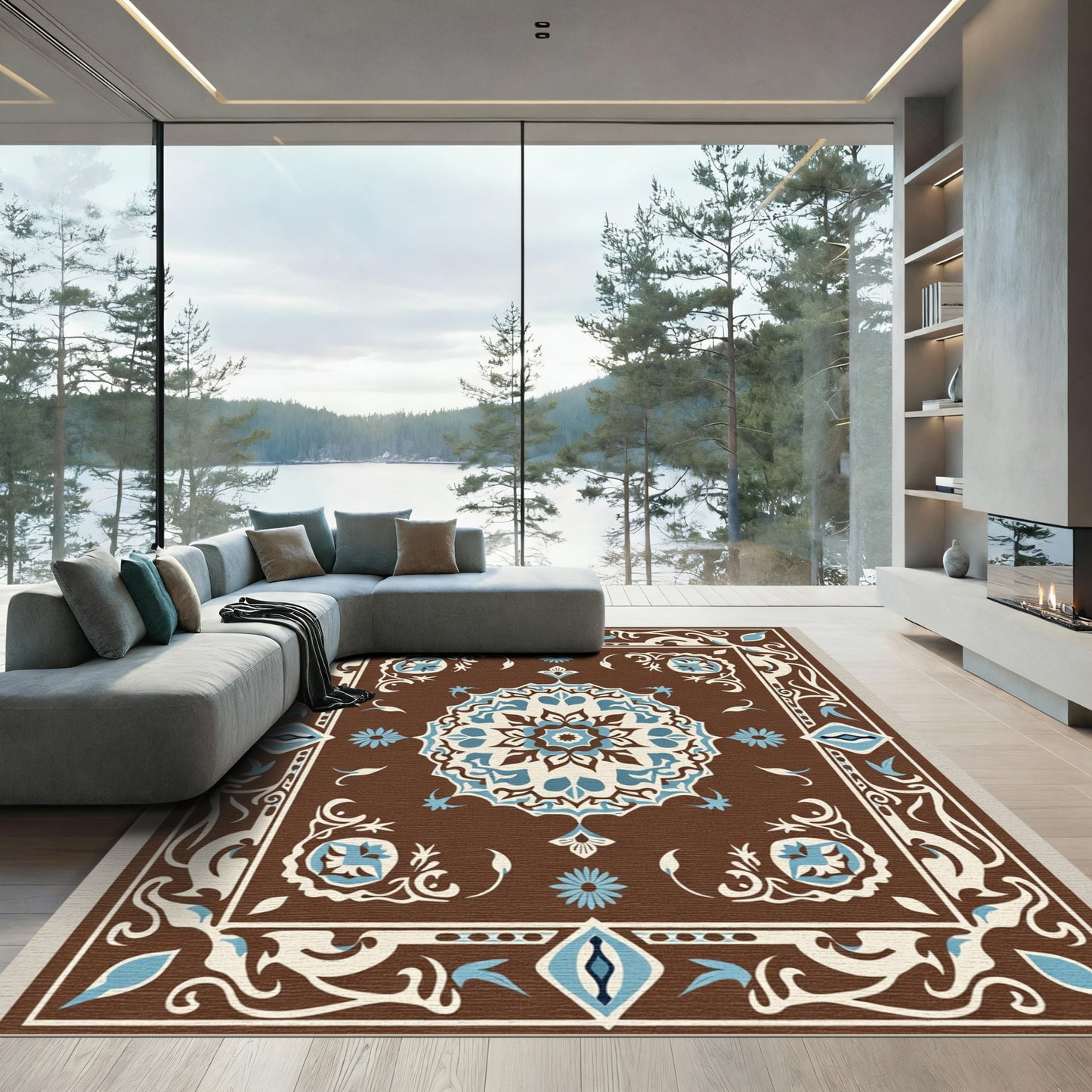 Brown Blue Ivory Medallion Floral Border Rug