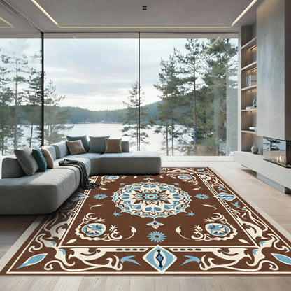 Brown Blue Ivory Medallion Floral Border Rug