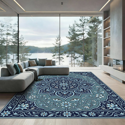 Deep Blue Floral Medallion Garden Rug