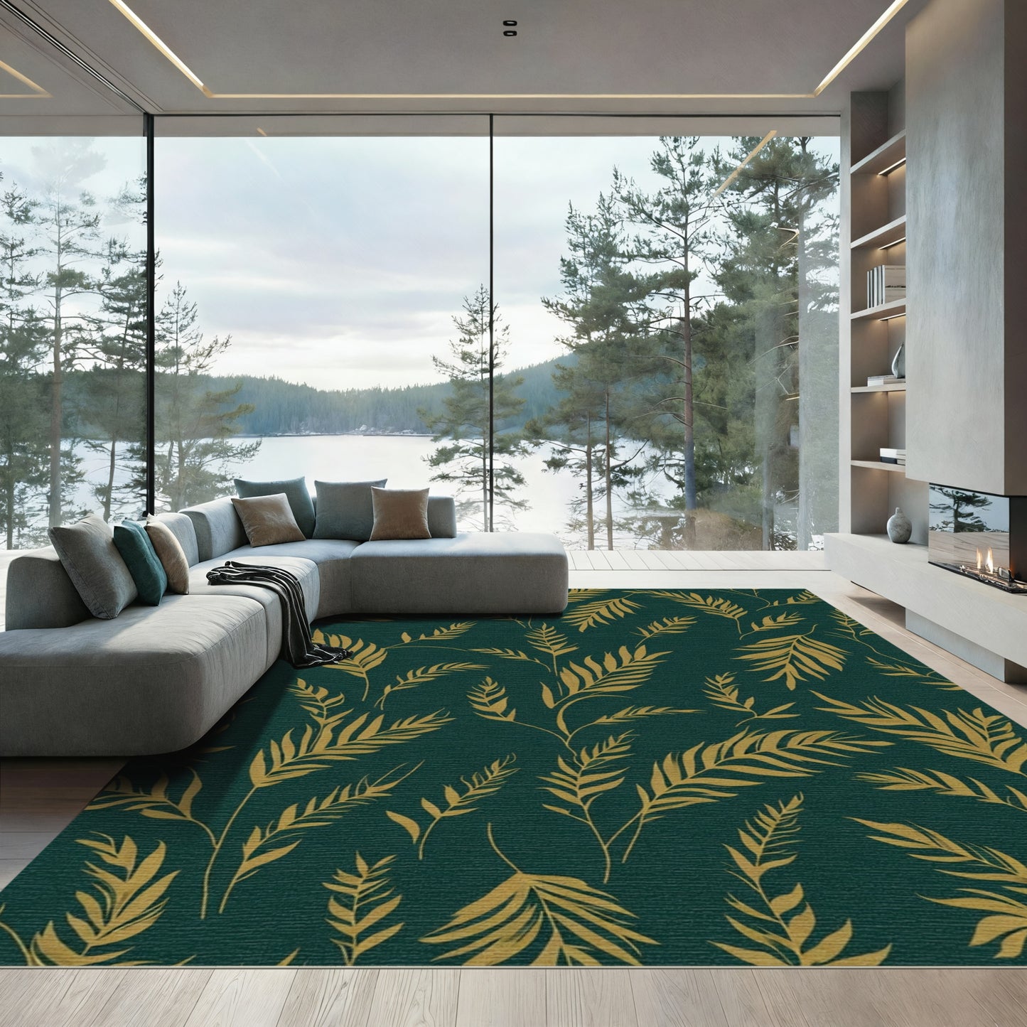 Golden Palm Foliage on Teal Background Rug