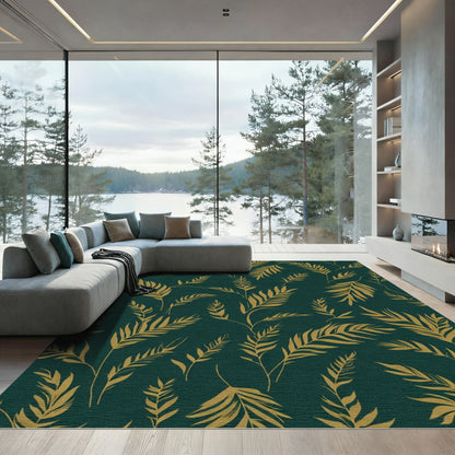 Golden Palm Foliage on Teal Background Rug