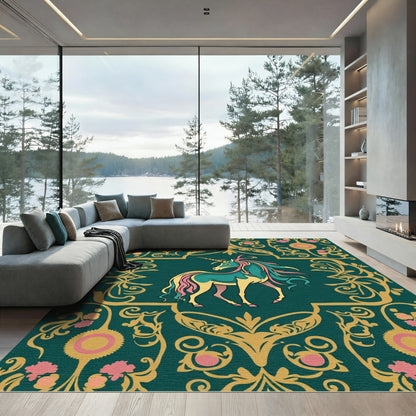 Whimsical Teal Unicorn Floral Border Rug